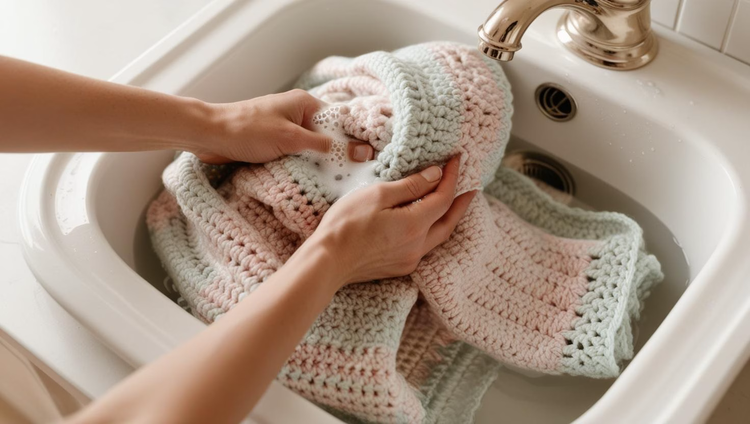 Hands washing crochet blanket with mild soap in a sink showing a crochet care method.