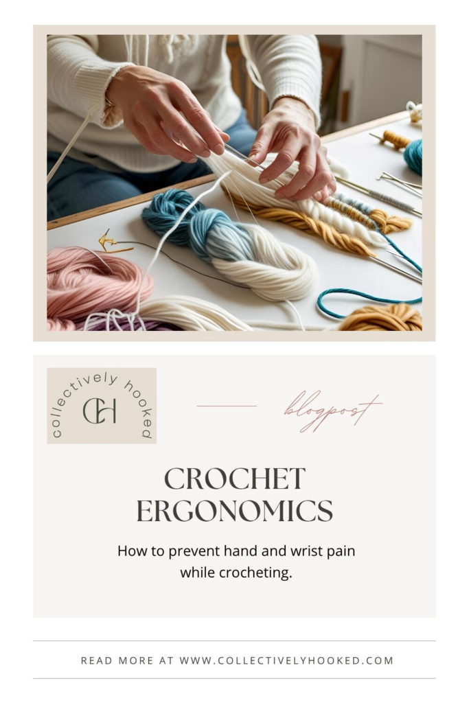 picture of hands manipulating yarn in a classic pinterest pin style for collectively hooked.
