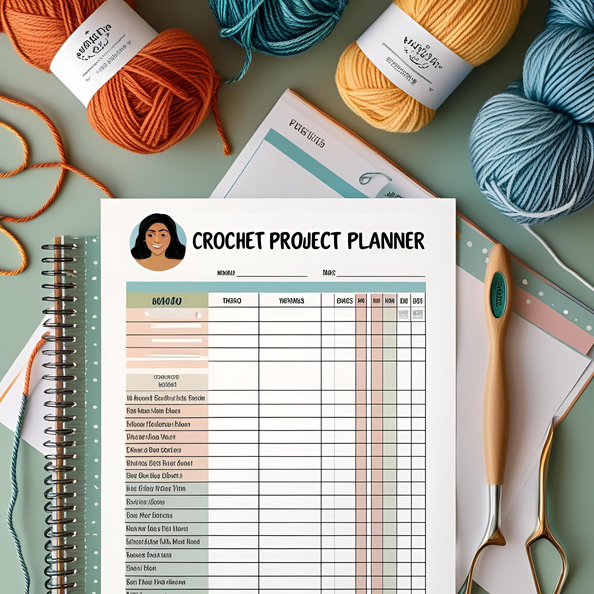 AI image of yarn with an example crochet project planner page