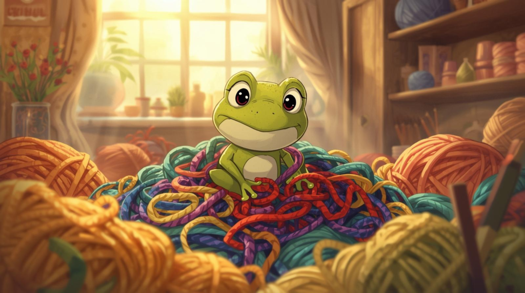 a cute animated frog sitting in a pile of multicolored yarn