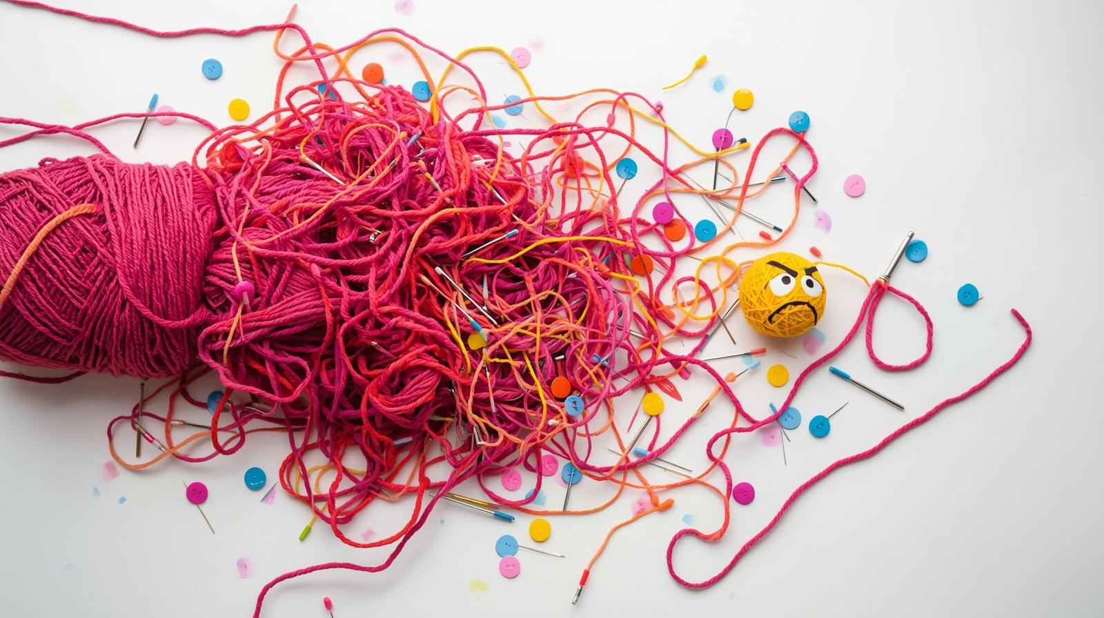 Humorous yarn skein spilling “yarn barf” that’s a tangled mess with a yellow ball of yarn off to the side looking grumpy