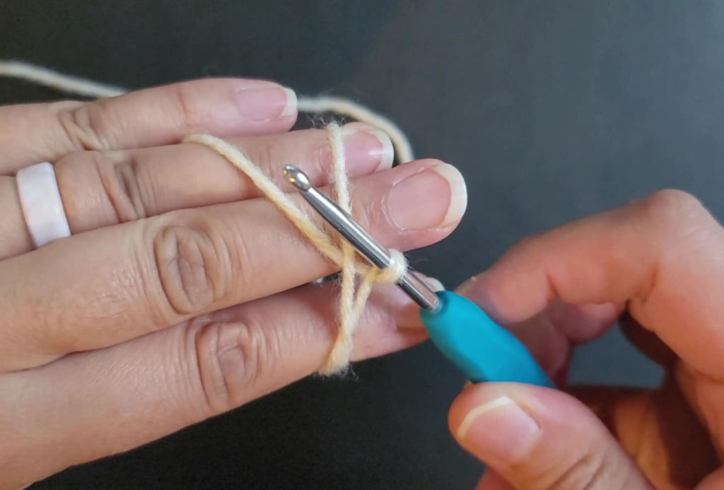 picture of back of hand with 2 yarn strands showing and the crochet hook with the second strand gently twisted around the shaft and the hook positioned to grab the second yarn strand again