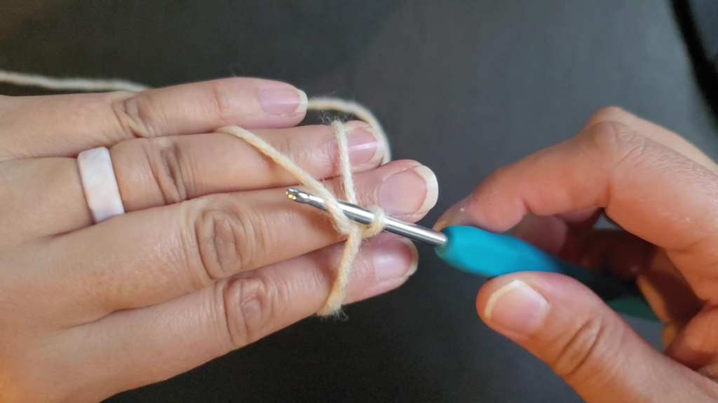 picture of back of hand with 2 yarn strands showing and the crochet hook with the second strand gently twisted around the shaft and the hook grabbing the second yarn strand again