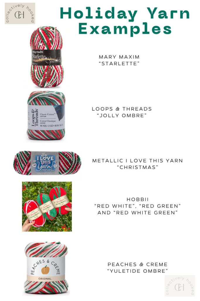 picture of multiple brands of holiday yarn in the typical re, green, and white colors