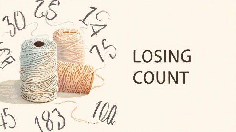 Tan background with 3 yarn spools surrounded by floating numbers