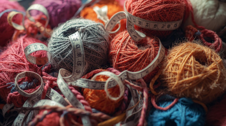 A pule of yarn skeins in different colors with measuring tapes mixed in.