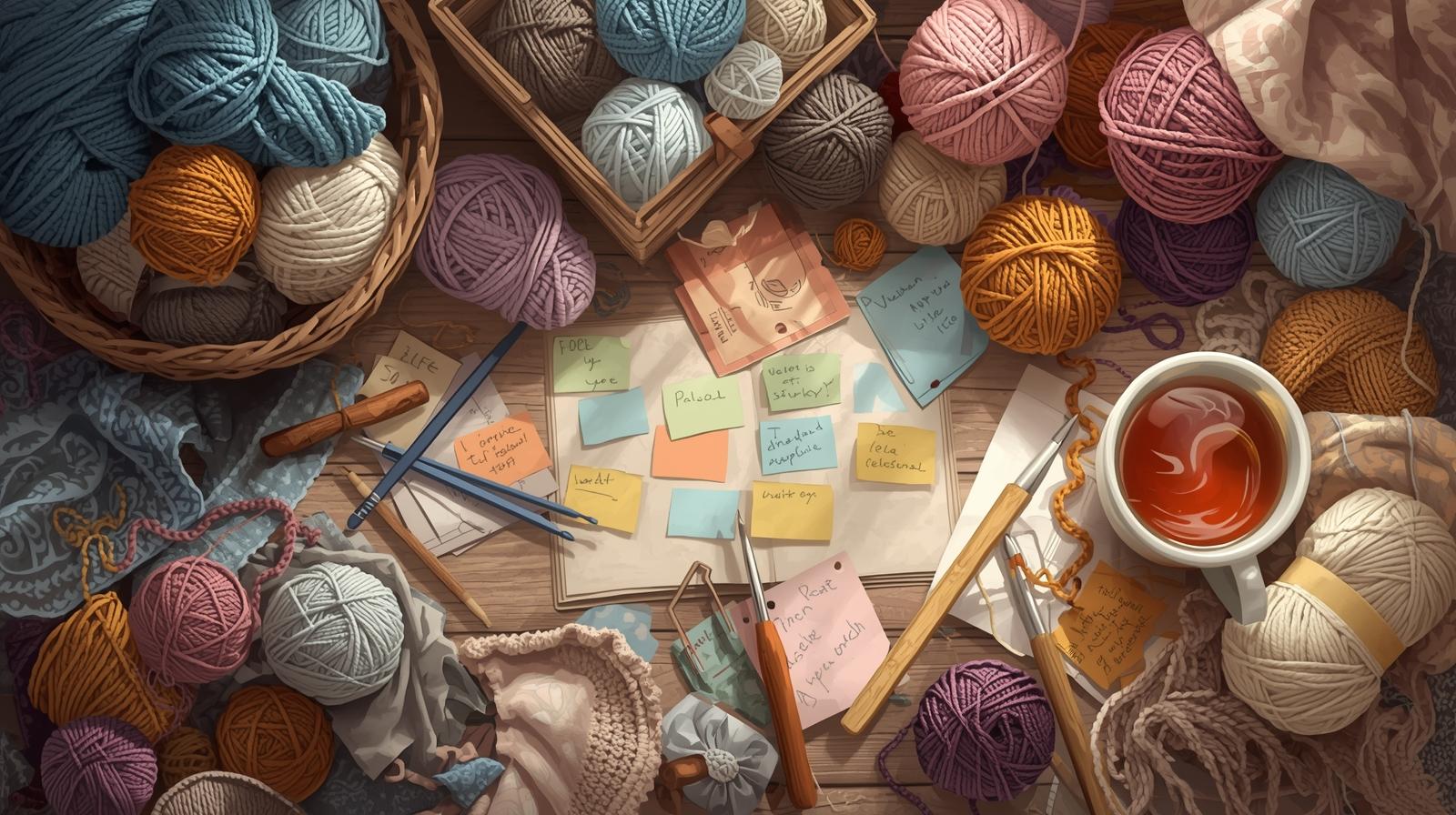 A top down image of a work station with multiple different color skeins of yarn and projects in slight chaos