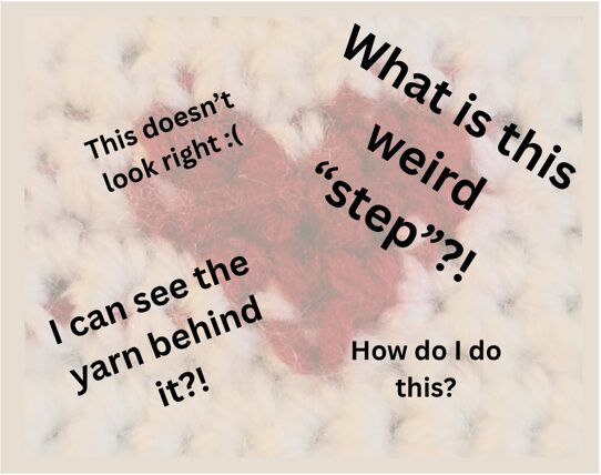 A red heart as an example of a color change in crochet in the background with common problems written out in the foreground such as "what is their weird step?"