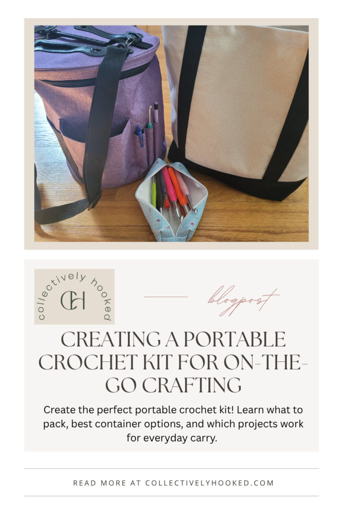 Purple zippered crochet bag with storage pockets, a single teacher-type bag, and a crochet hook pouch